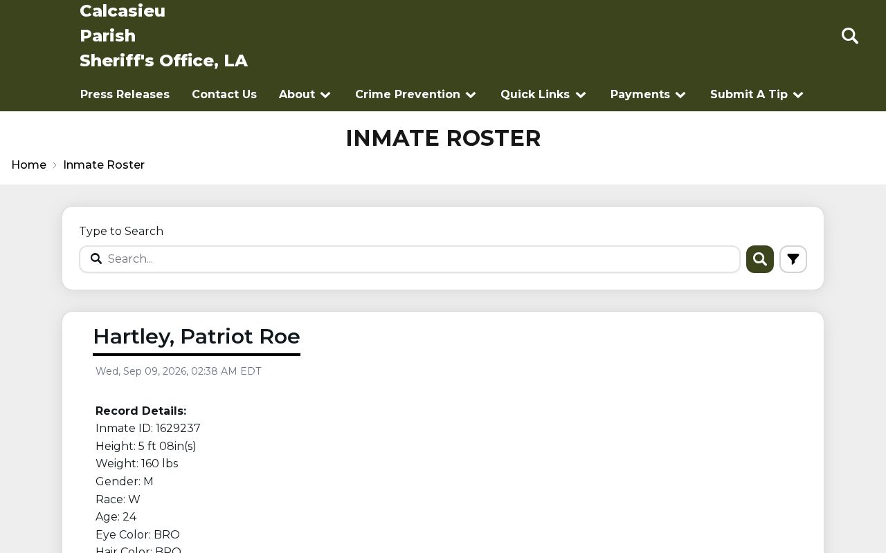 Calcasieu Parish recent arrest roster search interface