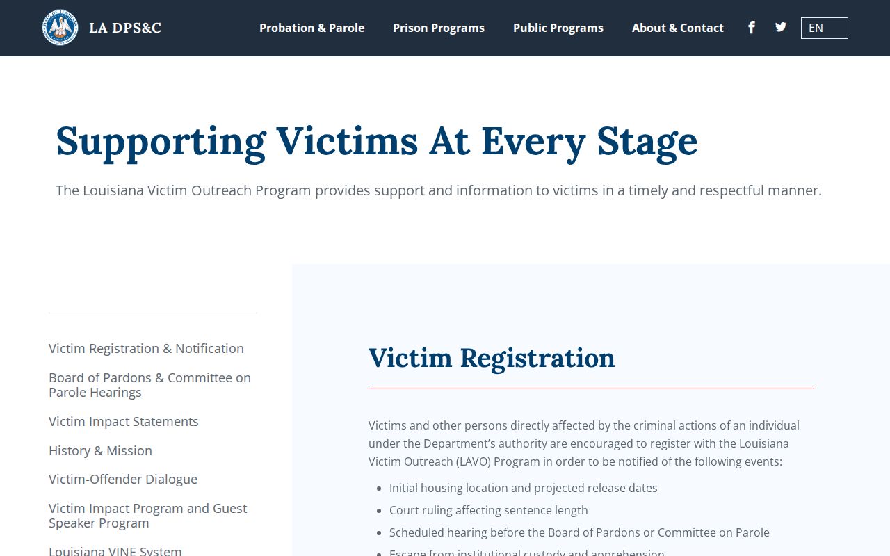 Louisiana DPS and Corrections Victim Services page explaining state notification programs