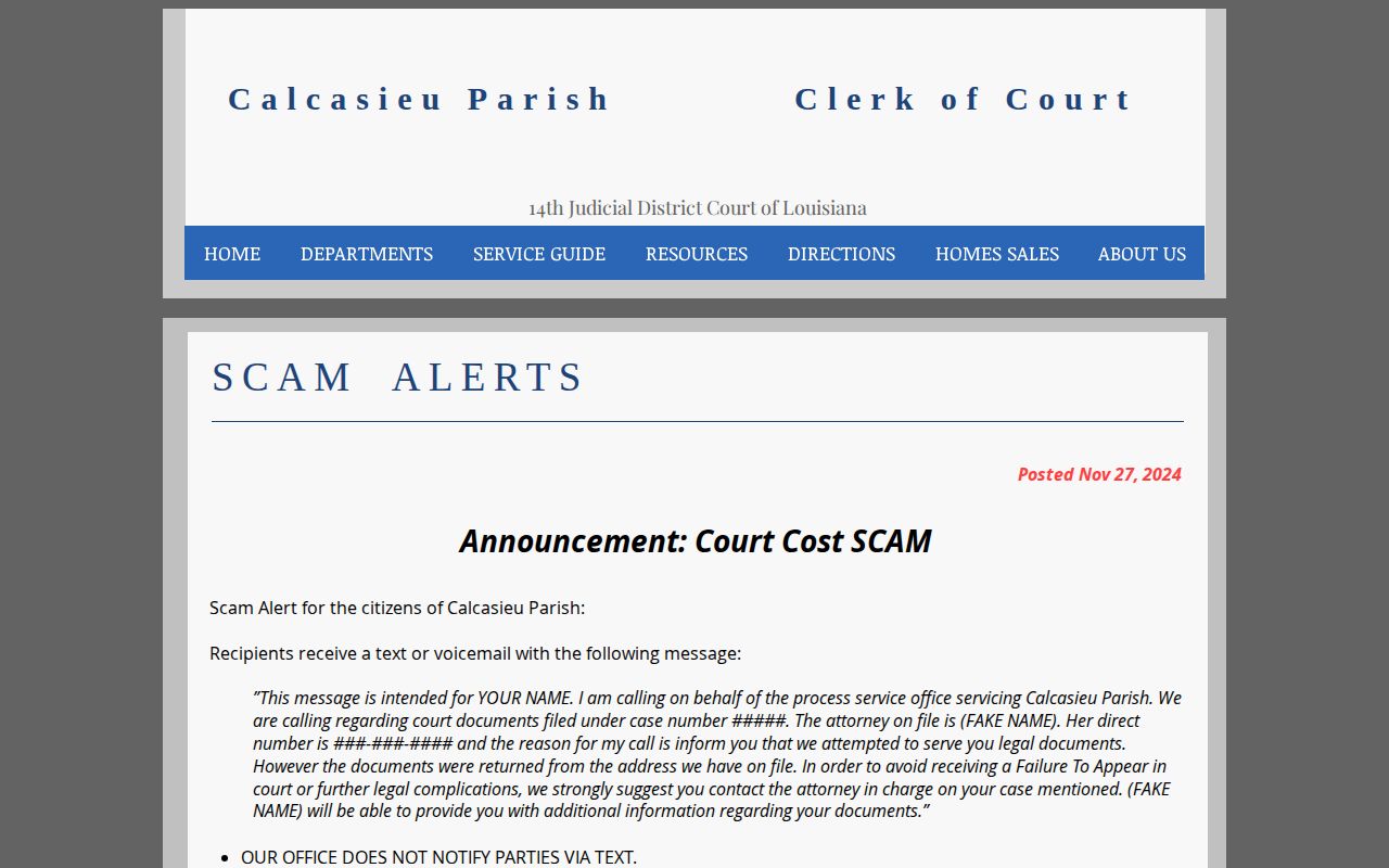 Calcasieu Parish arrest warrant scam warning from the Clerk